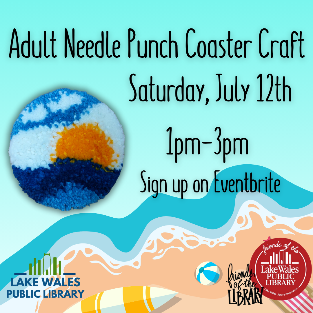 Needle punch coasters program on july 12th at 1 pm cartoon beach background with coaster example