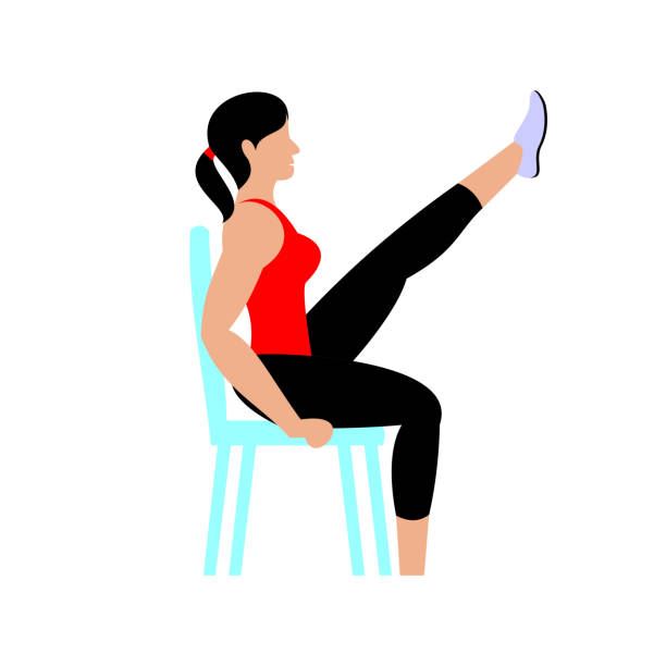 Woman sitting in a chair with her leg up in a yoga pose. 
