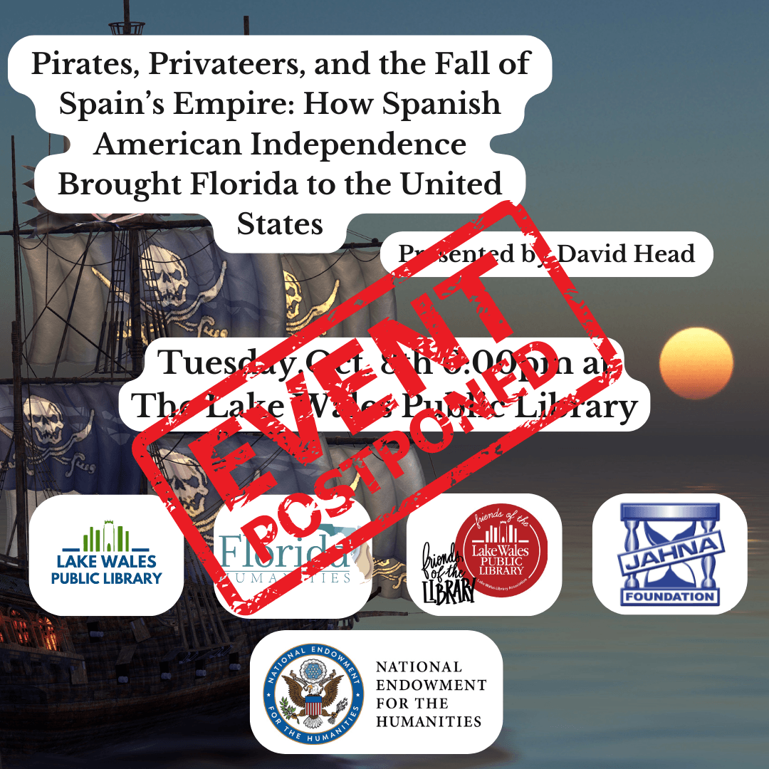 event postponed pirate ship background with event info and sponsor logos