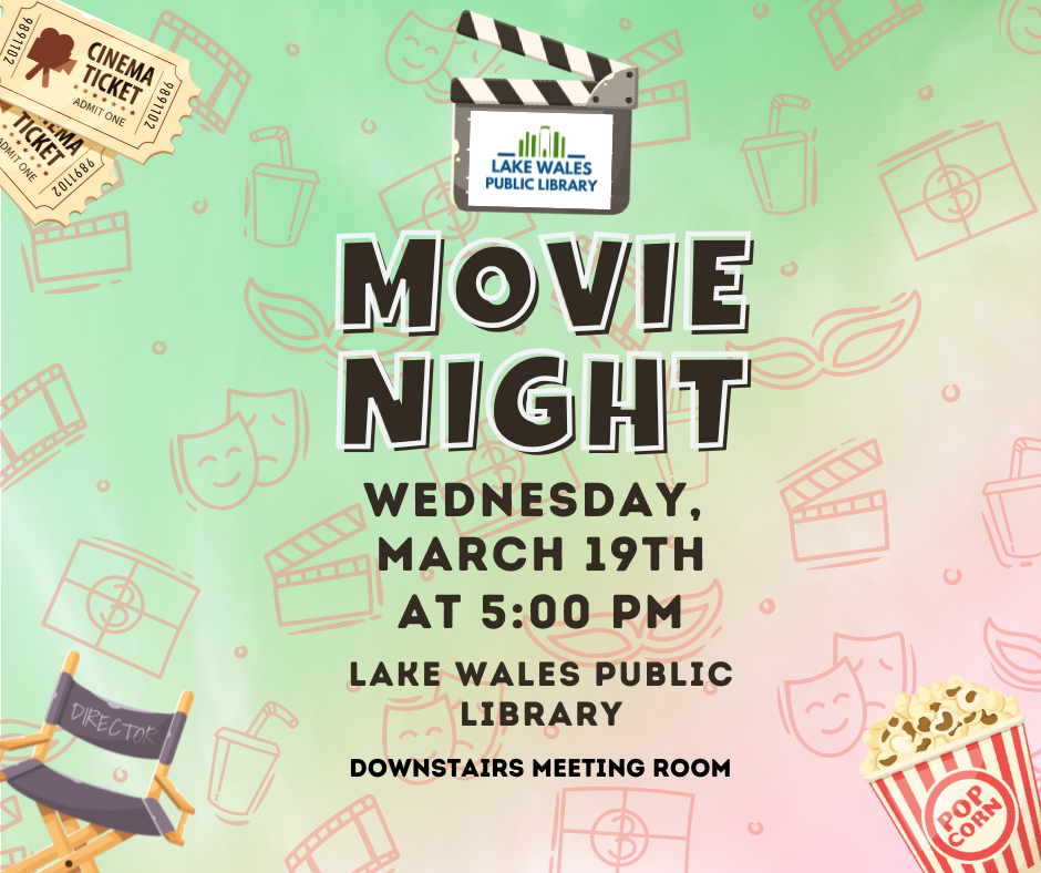 Movie night pink and green background with movie clapper and program info